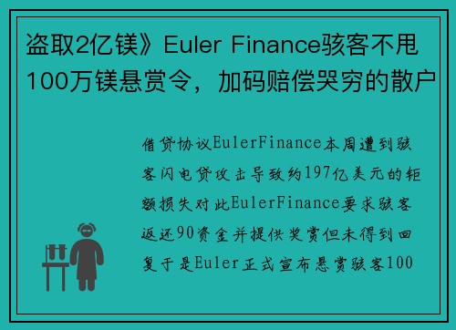 盗取2亿镁》Euler Finance骇客不甩100万镁悬赏令，加码赔偿哭穷的散户！